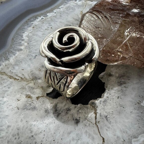 Sterling Silver Rose with Decorated Band Fashion Ring For Women, Taxco Mexico - Picture 5 of 10